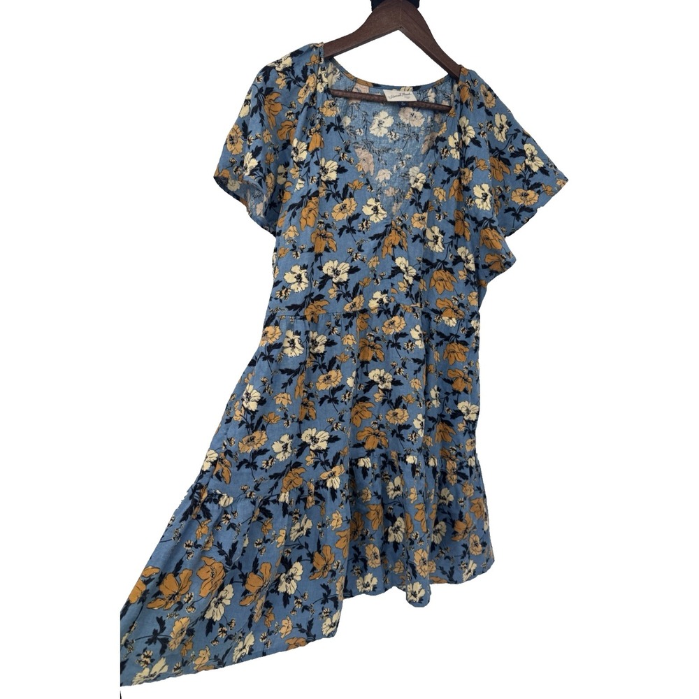 Universal Thread Flutter Sleeve Floral Dress Blue Linen Cottage pockets Garden